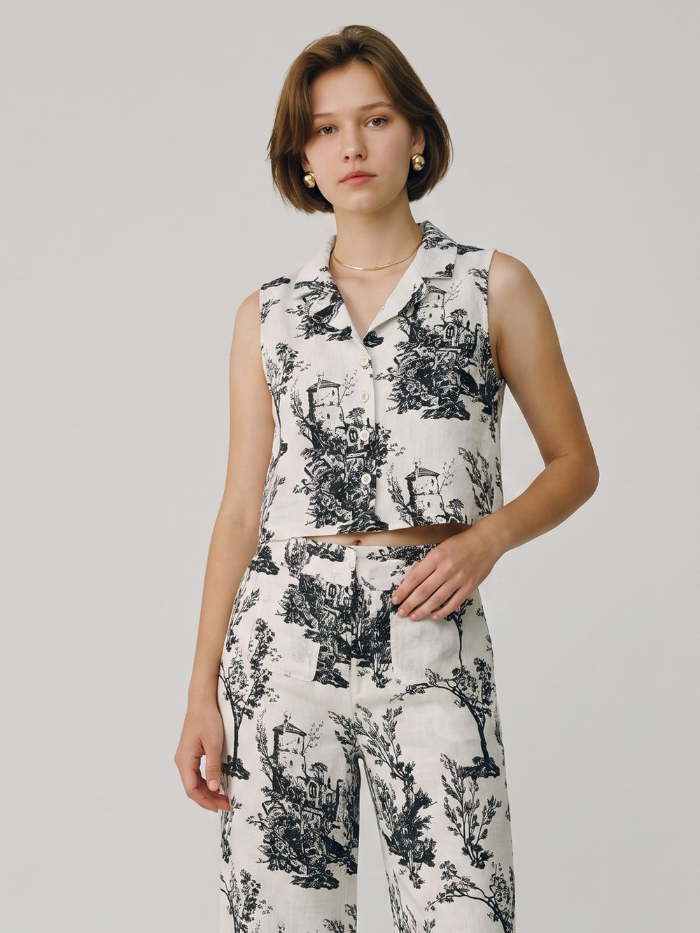 Joie 100% Linen Toile de Jouy Matching Set | Size M | Resort Chic